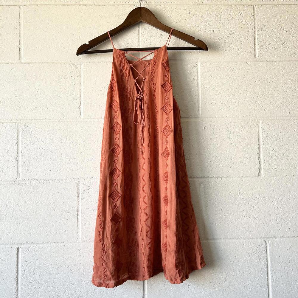 Lush Rust Aztec Embroidered Sleeveless Lace Up Mini Dress Women's Small - Picture 2 of 4